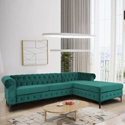 ORRD L-Shape Sectional Sofa, Velvet Tufted Chesterfield Couch Large Sofa Living Room Set With Chaise Lounge And Scrolled Arm For Living Room Home Furniture (Green)