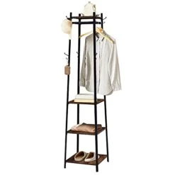 Kinsuite Coat Rack Stand Multifunctional Industrial Hat Tree With 3 Shelves And Hooks, Free Standing For Clothes, Headgear, Bag, Rustic Brown