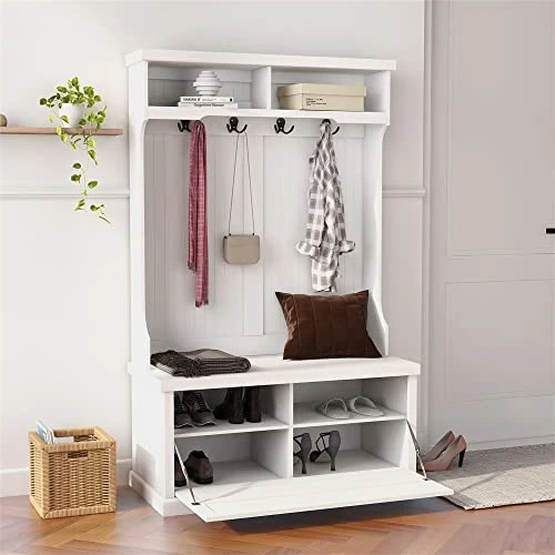 Entryway Hall Tree With Coat Rack 4 Hooks And Bench Shoe Cabinet White Modern Contemporary MDF Storage 2 Entryway Hall Tree With Coat Rack 4 Hooks And Bench Shoe Cabinet White Modern Contemporary MDF Storage - Image 2