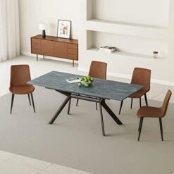 Jiexi Extendable Dining Table, Rectangular MDF Slate Stone Color Top With Steel Legs For 6-8 People, Modern Indoor Extendable 55'' To 71'' Dining Kitchen Table For Kitchen Room, Dining Room -Safavieh Furniture 419iVvQzTdL. AC