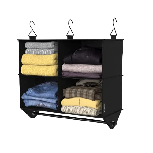 ClosetMaid 4-Shelf Fabric Hanging Closet Organizer With Garment Rod For Shirts, Sweaters, Pants, Hats, Shoes, Purses With Charcoal Black Finish 1 ClosetMaid 4-Shelf Fabric Hanging Closet Organizer With Garment Rod For Shirts, Sweaters, Pants, Hats, Shoes, Purses With Charcoal Black Finish
