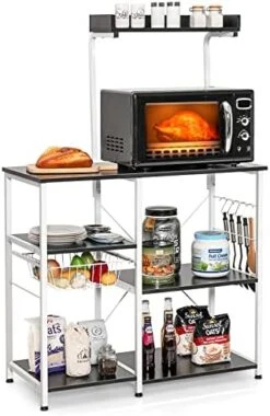 Giantex Kitchen Baker’s Rack, 4-Tier Microwave Storage Stand, Utility Storage, Wire Basket With 5 Hooks, Spice Utensils For Organizing Work Station Shelf 35.5” Length, Charcoal Brown&Black -Safavieh Furniture 419nOtwdlZL. AC