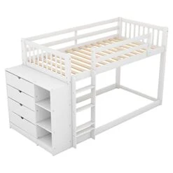 Harper & Bright Designs Twin Over Twin Bunk Bed Frame With Attached Cabinet And Shelves Storage For Kids,White -Safavieh Furniture 419pABV9asL