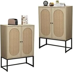 AWQM Natural Rattan 2 Door High Cabinet,Sideboard Buffet Cupboard Accent Cabinet,Adjustable Shelves,Free Standing Bookmatch,Easy Assembly26.77 L X 15.75" W X 41.34" H,Rustic Oak Beige -Safavieh Furniture 419sN37BXGL. AC