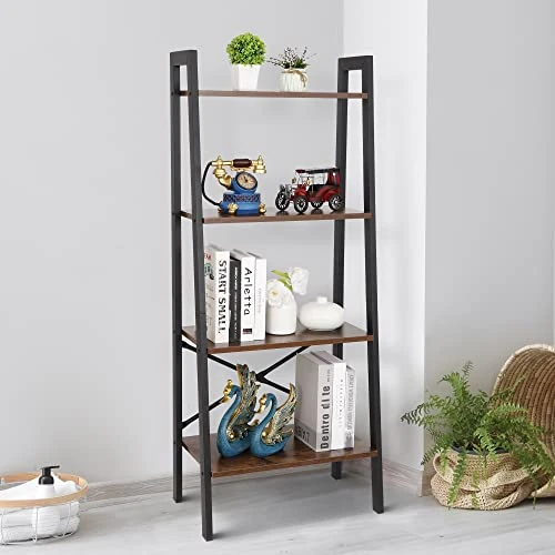 ZenStyle 4 Tier Bookshelf Rustic Ladder Shelf Storage Rack Wall Shelves Corner Bookcase Shelving Home Decor Plant Flower Stand With Metal Frame & Wood Leaning For Living Room,Bathroom,Kitchen,Office 6 ZenStyle 4 Tier Bookshelf Rustic Ladder Shelf Storage Rack Wall Shelves Corner Bookcase Shelving Home Decor Plant Flower Stand With Metal Frame & Wood Leaning For Living Room,Bathroom,Kitchen,Office - Image 6