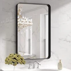 LOAAO Black Metal Framed Bathroom Mirror For Wall, 22X30 Inch Rounded Rectangle Mirror, Matte Black Bathroom Vanity Mirror Farmhouse, Anti-Rust, Tempered Glass, Hangs Horizontally Or Vertically -Safavieh Furniture 41A70TvkdZL. AC