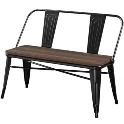 Topeakmart Metal Dining Bench With Wooden Top Industrial Metal Dining Bench For Patio, Kitchen, Garden Black