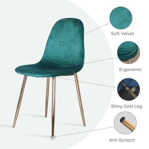 Pozbee Velvet Dining Chairs Set Of 4, Midcentury Modern Kitchen Chairs With Gold Chrome Legs, Elegant Dining Room Chairs (Dark Green) 3 Pozbee Velvet Dining Chairs Set Of 4, Midcentury Modern Kitchen Chairs With Gold Chrome Legs, Elegant Dining Room Chairs (Dark Green) - Image 3