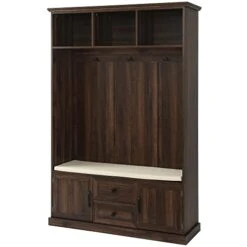 Hall Tree With Storage Bench Coat Rack With 2 Cabinet And 2 Drawers Wooden 47 Inch Mudroom Bench With Cushion And 3 Hooks For Mudrooms Organization Entryway Living Room, Tiger -Safavieh Furniture 41AStwoOTiL