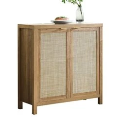 SICOTAS Sideboard Buffet Rattan Storage Cabinet - Farmhouse Kitchen Cabinet With Rattan Decorated Doors - Boho Accent Liquor Coffee Bar Cabinet - Cupboard Console Table For Dining Room Bar - Natural
