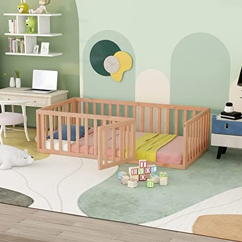 Widagirel Twin Size Montessori Floor Bed With Fence Railings, Door, And Wood Playhouse Frame For Boys And Girls (Natural, Full) 13 Widagirel Twin Size Montessori Floor Bed With Fence Railings, Door, And Wood Playhouse Frame For Boys And Girls (Natural, Full) - Image 13