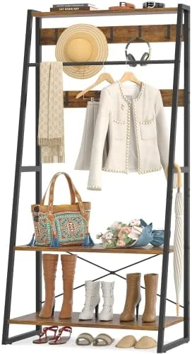 Unikito Coat Rack, 3-in-1 Hall Tree With Storage Shoe Rack, Freestanding Entryway Bench With Shelves, Industrial Entry Coat Stand With Metal Frame For Entrance, Foyer, Bedroom, Easy Assemble, Gray 8 Unikito Coat Rack, 3-in-1 Hall Tree With Storage Shoe Rack, Freestanding Entryway Bench With Shelves, Industrial Entry Coat Stand With Metal Frame For Entrance, Foyer, Bedroom, Easy Assemble, Gray - Image 8