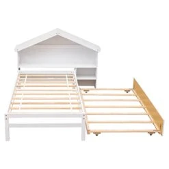 NCKMYB Kids Bed With Storage Twin Size Platform Bed With Trundle And Bookcase, House Bed Frame With Bookcase For Toddlers Boys Girls, White -Safavieh Furniture 41AnnX2MAoL