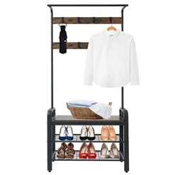 Coat Rack, Hall Tree With Shoe Bench, 3-in-1 Entryway Bench Shoe Rack, Industrial Accent Furniture, Metal Storage Rack, W/3-Tier Storage Shelves And 9 Hooks For Living Room, Bedroom, Hallway