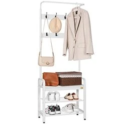 VIVOHOME 3-in-1 Entryway Hall Tree, Heavy Duty MDF Stand Coat Rack With Storage Bench And 8 Hooks, White