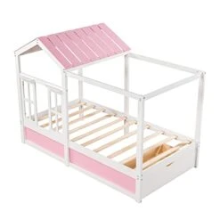 DEINPPA Twin Size House Bed With Drawer, House Platform Bed With Roof And Window, Cute Montessori Bed For Toddlers Kids Boys Girls -Safavieh Furniture 41AvAq0Q9HL