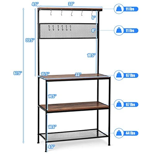 RELAX4LIFE Baker’s Rack Microwave Stand With 11 Hooks,Metal Rack And Adjustable Feet For Spices, Pots, And Pans Utility Storage Shelf Kitchen Organizer Workstation (Brown) 7 RELAX4LIFE Baker’s Rack Microwave Stand With 11 Hooks,Metal Rack And Adjustable Feet For Spices, Pots, And Pans Utility Storage Shelf Kitchen Organizer Workstation (Brown) - Image 7