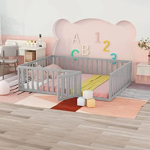 Widagirel Twin Size Montessori Floor Bed With Fence Railings, Door, And Wood Playhouse Frame For Boys And Girls (Natural, Full) 14 Widagirel Twin Size Montessori Floor Bed With Fence Railings, Door, And Wood Playhouse Frame For Boys And Girls (Natural, Full) - Image 14