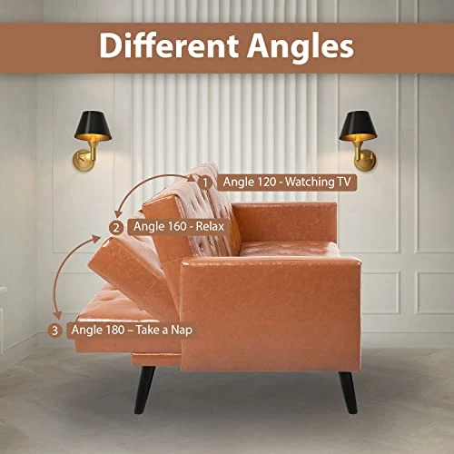 Naomi Home Jolene Tufted Split Back Futon, Mid Century Convertible Sofa Bed For Small Rooms, Faux Leather Couch, Perfect For Your Modern Living Room- Caramel, Faux Leather 5 Naomi Home Jolene Tufted Split Back Futon, Mid Century Convertible Sofa Bed For Small Rooms, Faux Leather Couch, Perfect For Your Modern Living Room- Caramel, Faux Leather - Image 5