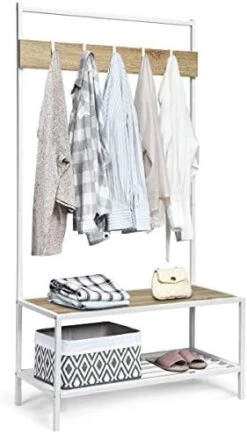 Tangkula Hall Tree With Bench And Shoe Storage, 3-In-1 Industrial Entryway Bench With Coat Rack, Wood Look Coat Rack Shoes Bench Storage Organizer For Home & Office, Coats/Hats/Shoes (Coffee) -Safavieh Furniture 41BHOJNedrL. AC