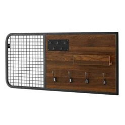 Walker Edison Hattie Industrial Metal Mesh And Wood Wall Organizer With Hooks, 42 Inch, Dark Walnut -Safavieh Furniture 41BXL2rDjHL