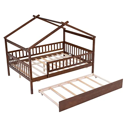 DEINPPA Full House Bed With Trundle, Kids Bed With Fence Guardrails, Wood Bed Frame, Decorative Roof Designs, No Box Spring Needed, For Boys Girls Toddler Kids-Walnut 4 DEINPPA Full House Bed With Trundle, Kids Bed With Fence Guardrails, Wood Bed Frame, Decorative Roof Designs, No Box Spring Needed, For Boys Girls Toddler Kids-Walnut - Image 4