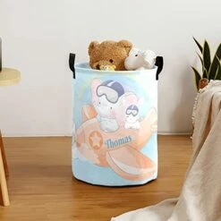 Pilot Elephant Plane Personalized Laundry Hamper ,Custom Name Collapsible Waterproof Laundry Basket Storage Bins With Handle For Clothes,Toy,Nursery