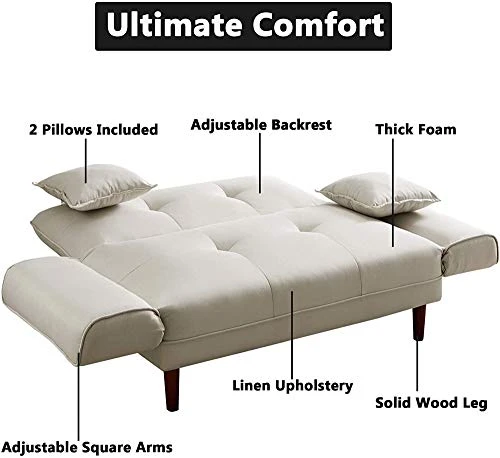 NORAN Twin Size Sleeper Recliner Sofa Futon Couch, Convertible Futon Sofa Bed With 2 Pillows, Adjustable Armrest, Wood Legs And 5-Angle Backrest For Apartment, Dorm,Living Room,Bedroom (Beige) 2 NORAN Twin Size Sleeper Recliner Sofa Futon Couch, Convertible Futon Sofa Bed With 2 Pillows, Adjustable Armrest, Wood Legs And 5-Angle Backrest For Apartment, Dorm,Living Room,Bedroom (Beige) - Image 2