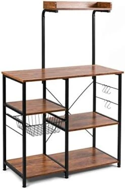 Giantex Kitchen Baker’s Rack, 4-Tier Microwave Storage Stand, Utility Storage, Wire Basket With 5 Hooks, Spice Utensils For Organizing Work Station Shelf 35.5” Length, Charcoal Brown&Black -Safavieh Furniture 41CK5r7yldL. AC