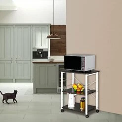 Karl Home Microwave Oven Cart Bakers Rack On Wheels, Kitchen Storage Shelf Rolling Caster Stand With 10 S-Shaped Hooks 3 Tier Shelves, Dark Brown Adjustable Coffee Bar Station Wheeled Serving Trolley -Safavieh Furniture 41CWlQtWCLS