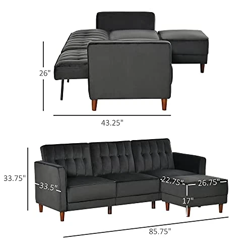 HOMCOM Upholstered L-Shaped Sofa Bed, Reversible Sectional Recliner Sofa Set, Velvet-Touch Sleeper Futon With Footstool, Black 3 HOMCOM Upholstered L-Shaped Sofa Bed, Reversible Sectional Recliner Sofa Set, Velvet-Touch Sleeper Futon With Footstool, Black - Image 3