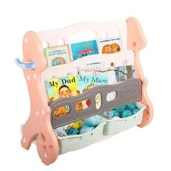 RedSwing Kids Toy Storage Organizer With Bookshelves And 2 Bins, Durable Plastic Multi-Layer Bookshelf For Playroom Bedroom, Pink