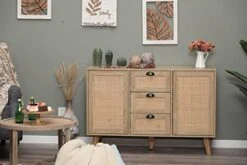MAISON ARTS Buffet Sideboard Rattan Storage Cabinet With 3 Drawers And 2 Doors & Shelves, Kitchen Cabinet Buffet Cupboard Table With Spacious Table Top For Kitchen Dining Room Living Room