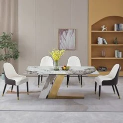 Montary 71” Modern Rectangle Dining Table For 6-8 Seat, Marble Dining Table With Sintered Stone Pandora Tabletop And L-Shape Stainless Steel & Stone Slate Base (Only Table)