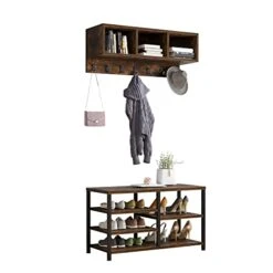 OUMOMY Coat Rack Shoe Bench Set, Hall Tree With Shoe Bench, Industrial Shoe Rack Bench With Coat Rack, 7 Hooks For Hallway Entryway, 5-in-1Design, Brown -Safavieh Furniture 41DBAmxbj6L