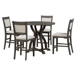 RUNWON Farmhouse 5-Piece Round Table Set With Trestle Legs And 4 Upholstered Dining Chairs-Rustic Furniture, Gray -Safavieh Furniture 41DFQECpUWL