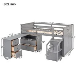 Twin Loft Bed With Stairs, Kids Low Loft Bed With Desk And Storage, Girls Boys Loft Bed Twin Size, Grey