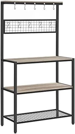 VASAGLE Bakers Rack, Coffee Bar, Kitchen Storage Shelf Rack With 10 Hooks, 3 Shelves, Adjustable Feet, For Microwave Oven, 15.7 X 33.1 X 66.9 Inches, Industrial, Greige And Black UKKS017B02 -Safavieh Furniture 41DceSSrLyL. AC