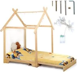 Dreams&Fantasy Montessori Bed For Toddlers, Kids House Bed Made From Solid Wood With Strong Tenon Structure, Baby Floor Bed For Kids, 2-Meters Of LED Star Lights Included, Mattress Not Included, Wood -Safavieh Furniture 41DiPEmXj4L. AC
