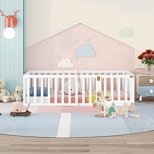 Widagirel Twin Size Montessori Floor Bed With Fence Railings, Door, And Wood Playhouse Frame For Boys And Girls (Natural, Full) 11 Widagirel Twin Size Montessori Floor Bed With Fence Railings, Door, And Wood Playhouse Frame For Boys And Girls (Natural, Full) - Image 11