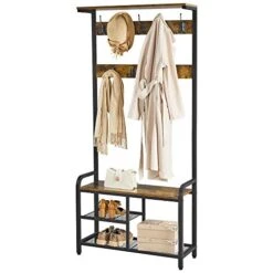 Topeakmart Hall Tree With Storage Bench, Vintage Coat Rack With Top Shelf &23 Hooks, For Hallway Living Room Bedroom, Metal Frame, Rustic Brown