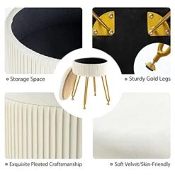 Velvet Storage Ottoman Foot Rest, Upholstered Pleated Round Footrest Vanity Stool With Metal Legs, Coffee Table Top Cover, Modern Accent Stools,Makeup Footstool, Suitable For Living Room And Bedroom -Safavieh Furniture 41E2cZWfiYS