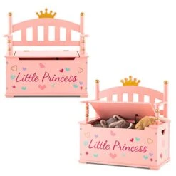 Costzon Wooden Toy Box, 2 In 1 Toy Chest Storage Bench Seat With Safety Hinged Lid, Kids Toy Storage Organizer For Playroom Bedroom, Children's Furniture, Gift For Toddler Girls Age 3+, Pink