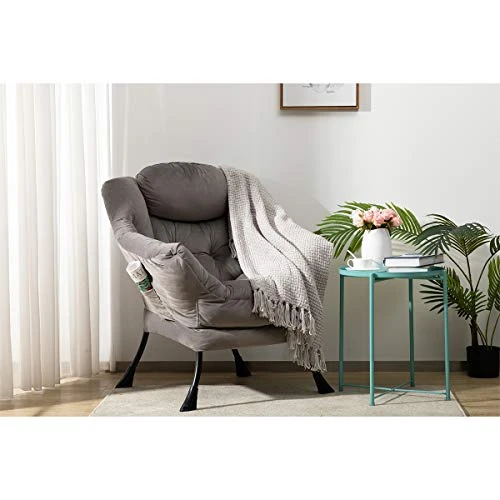 AcozyHom Modern Large Cotton Fabric Lazy Chair,Accent Contemporary Lounge Chair, Single Steel Frame Leisure Sofa Chair With Armrests And A Side Pocket, Smoky Grey 2 AcozyHom Modern Large Cotton Fabric Lazy Chair,Accent Contemporary Lounge Chair, Single Steel Frame Leisure Sofa Chair With Armrests And A Side Pocket, Smoky Grey - Image 2