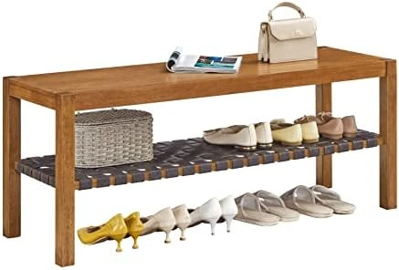 Ball & Cast Entryway Storage Bench Wood Frame Shoe Bench With Faux Leather Woven Shelf, 48 Inch Natural 7 Ball & Cast Entryway Storage Bench Wood Frame Shoe Bench With Faux Leather Woven Shelf, 48 Inch Natural - Image 7