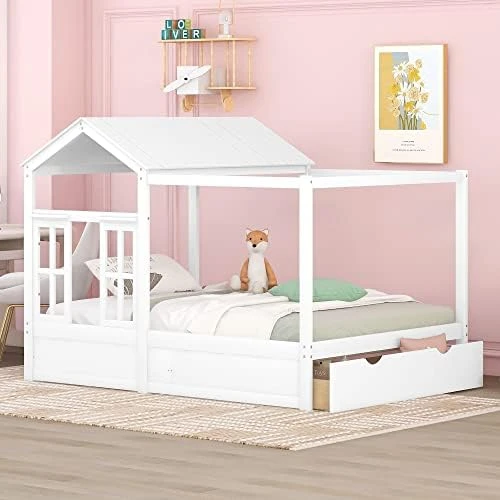 House Bed Full For Kids With Storage Drawer, Wood Cabin Tent Bed Frame For Girls Boys, Montessori Beds With Roof And Window, Full Size, Green 15 House Bed Full For Kids With Storage Drawer, Wood Cabin Tent Bed Frame For Girls Boys, Montessori Beds With Roof And Window, Full Size, Green - Image 15
