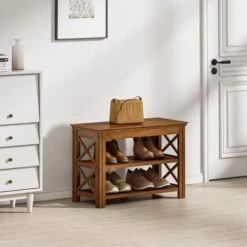 Bamworld Entryway Bench 5 Tier Wooden Storage Benches Rustic Solid Wood Shoe Rack (X-Brown,23.6") -Safavieh Furniture 41EhBd9cxoL. AC