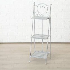 Farmers Favorite 3 Tier Plant Stand, Slim Line Design, Shabby White Rubbed Finish Over Grey Iron, Heart With Scrolled Details, Punched Floral Fold Out Shelves, 11 3/4 L X 11 3/4 W X 38 1/2 H Inches -Safavieh Furniture 41Ehw2sjDUL