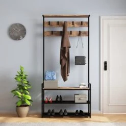 TATOZA 3-in-1 Entryway Hall Tree, Coat Rack Shoe Bench, Wood Look Accent Furniture With Hooks, Sturdy Steel Frame, Rustic Brown