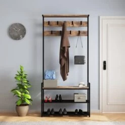 TATOZA 3-in-1 Entryway Hall Tree, Coat Rack Shoe Bench, Wood Look Accent Furniture With Hooks, Sturdy Steel Frame, Rustic Brown -Safavieh Furniture 41EkYh1C12L. AC